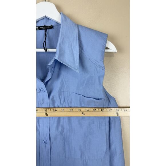 Zara Sleeveless Shirt with Shoulder Pads & Buttons Women’s Blue Size M NWOT - Picture 9 of 11